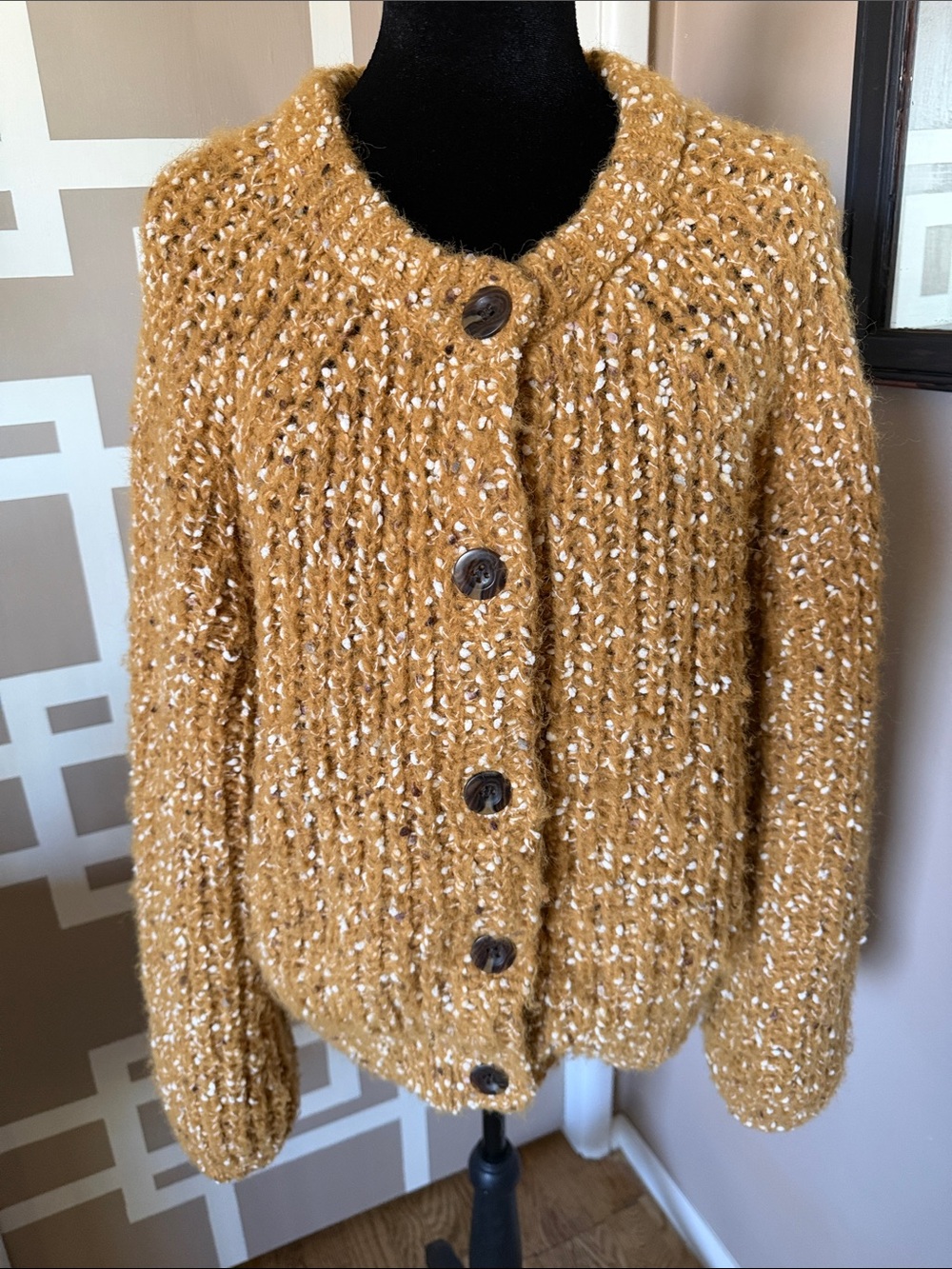 Melrose and Market Mustard and White Speckled Button-Front Chunky Cardigan